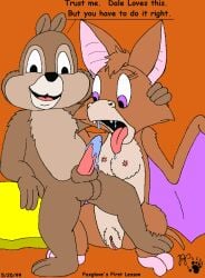 1999 animal_genitalia anthro balls bat bat_wings black_nose bodily_fluids breasts brown_body brown_fur chip_'n_dale_rescue_rangers chip_(disney) chipmunk dialogue disney drooling duo english_text female foxglove_(cdrr) fur genitals ground_squirrel kthanid_(artist) male male/female mammal membrane_(anatomy) membranous_wings nipples nude nude_anthro nude_female nude_male open_mouth orange_background penis purple_eyes pussy rodent saliva sciurid sheath simple_background tail text tongue tongue_out toony wings