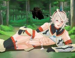 1boy abs alternate_costume bare_legs bare_midriff censored corrin_(fire_emblem) corrin_(fire_emblem)_(male) cosplay crossover femboy fire_emblem fire_emblem_fates forest gloves grey_hair hair_between_eyes heavy_breathing imminent_rape imminent_sex inner_thighs kirin_(armor) leenvidia looking_at_viewer male male_only midriff monster monster_hunter nintendo open_mouth outdoors penis pose rajang rape red_eyes short_hair single_horn smile solo_focus testicles thighhighs thighs yaoi zoophilia