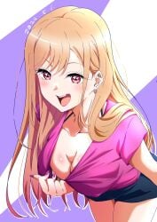 1girls bare_arms bare_legs bare_thighs big_breasts blonde_hair blush body_blush breasts cleavage collarbone ear_piercing earrings female female_only gyaru human kitagawa_marin long_fingernails long_hair nail_polish open_mouth pink_eyes shirt_pull smile solo sono_bisque_doll_wa_koi_wo_suru thighs tsuji643163271