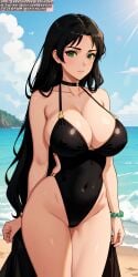 ai_generated ai_hands beach beach_background big_breasts black_hair black_swimsuit breasts female female_human female_only green_eyes soli_sketch swimsuit thick_thighs thighs