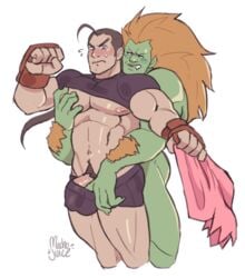 2boys bara blanka blush capcom crotch dan_hibiki gay green_skin human machojuice male male_focus male_only multiple_boys muscle naughty_face partially_clothed penis pubic_hair street_fighter sweat undressing yaoi