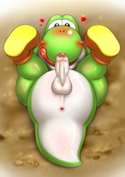 1boy 7nulls anus ass balls blush erection foreskin full_body heart lying male male_only mario_(series) nintendo on_back penis precum saliva solo spread_legs spreading tail testicles tongue tongue_out uncut video_games yoshi