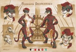 2018 anthro ass breasts casual_nudity detailed_background fangs feline female fur green_eyes hair mammal mask morrigan_dreamcatcher nipples nude pawpads pink_nose pirate ponytail pussy red_fur red_hair scale_(artist) ship smile snarling solo stripes teeth tiger tree vehicle wood