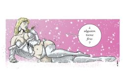 abel_garcia_hernandez blonde_hair breasts corset emma_frost female female_only hellfire_club large_breasts lingerie marvel marvel_comics navel nipple_slip nipples overflowing_breasts panties snow spanish_text white_queen x-men