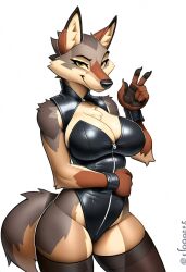 ai_generated anthro coyote female female_only leather leather_clothing legwear nai_diffusion novelai peace_sign self_upload weedvee420 yellow_eyes