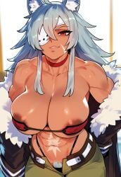 ai_generated animal_ears areola_slip areolae blurry_background choker dark-skinned_female dark_skin eyepatch female_only fur_trim ghislaine_dedoldia green_pants jacket jacket_open jagat_ai long_hair muscular muscular_female mushoku_tensei nipples_visible_through_clothing open_clothes pubic_hair pubic_hair_peek red_eyes revealing_clothes scar smile smug solo thiccwithaq_(ai_style)