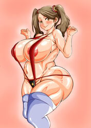 1girls alternate_version_available ando_hiroyuki areola_slip arms_up bare_shoulders big_breasts blue_footwear blue_legwear blue_stockings blush brown_eyes brown_hair busty cleavage curvy eyelashes female female_only footwear front_view gundam gundam_build_fighters gundam_build_fighters_try hourglass_figure human legwear looking_at_viewer one-piece_swimsuit pose posing sazaki_kaoruko short_hair simple_background skimpy sling_bikini solo standing stockings swimsuit teamtgs thong tied_hair twintails voluptuous white_background wide_hips