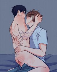 2boys abs anal anus balls bed black_hair blush brown_hair cock cum cum_in_ass cum_on_abs erect_nipples erect_penis erection gay gay_blowjob gay_male haikyuu!! lizuumi_0 male male/male muscles muscular muscular_male oikawa_tooru_(haikyuu!!) open_legs penis teenager testicles tobio_kageyama yaoi young younger_male