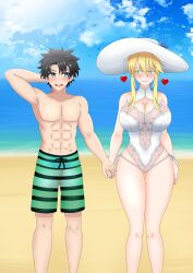 1girls alternate_costume artoria_pendragon artoria_pendragon_(swimsuit_ruler)_(second_ascension)_(fate) bikini blonde_hair fate/grand_order fate_(series) fujimaru_ritsuka_(male) official_alternate_costume