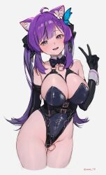 ahoge arm_behind_back ass_visible_through_thighs bare_legs bare_shoulders bare_thighs belt_buckle big_breasts black_gloves black_leotard blush braid breasts butterfly_hair_ornament cat_ears chest_harness cleavage crotch_zipper detached_collar earrings elbow_gloves fangs front_zipper gloves hair_ornament heterochromia highleg highleg_leotard leotard long_hair open_mouth original peace_sign purple_eyes sideboob sooon standing strapless strapless_leotard thigh_gap thighs tongue twintails wrist_cuffs zipper