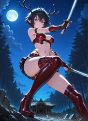 ai_generated antlers black_hair captainmegu cute elf elf_ears female provocative_pose pussy red_eyes seductive seductive_expression short_hair suggestive sultry teasing usebackdooronly
