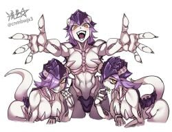 3girls amber_eyes arms_open arms_spread arms_stretched carapace carapace_armour claws cnmbwjx drool drooling eye_bags eye_shadow fangs hair_over_eyes hair_over_one_eye hormagaunt long_hair multiple_girls naked natural_armor orange_eyes purple_hair sharp_teeth smirking tail tyranid tyranid_warrior warhammer_(franchise) warhammer_40k