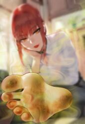 1girls barefoot cheese dirt dirty_feet drink feet feet_focus female foot_fetish foot_focus gross makima_(chainsaw_man) smell smelly_feet soles stink_fumes stink_lines stinky stinky_feet toes unknown_artist