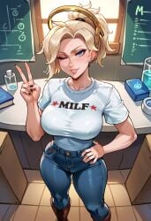 1girls ai_generated black_nails blonde_hair blue_eyes boots breasts brinkai eyelashes hand_on_hip indoors jeans laboratory large_breasts lips makeup mature_female mercy milf mommy nail_polish nails nipple_bulge overwatch overwatch_2 peace_sign seductive_look seductive_smile solo solo_female standing t-shirt tight_clothing v wink