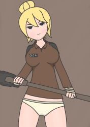 1girl 1girls alternate_version_available blonde_hair bottomless breasts brown_shirt cameltoe clothed_female clothing english english_text female female_only hair_bun looking_at_viewer panties pants_down partially_clothed roblox shirt short_hair slammer_(tower_defense_x) tagme tnt5566th tower_defense_x uninterested white_panties