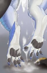 absurd_res blue_body blue_scales bodily_fluids cum cum_drip cum_on_feet dangling_doggystyle dangling_legs digital_drawing_(artwork) digital_media_(artwork) dragon dripping duo feet female foot_fetish foot_play genital_fluids grey_pawpads hi_res male male/female mythological_creature mythological_scalie mythology offscreen_sex pawpads primordial_malzeno scales scalie velkhana velkhana4396