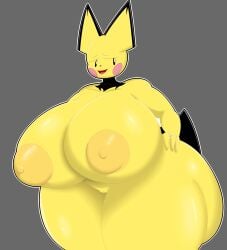 2023 absurd_res anthro areola ass big_areola big_breasts big_butt big_nipples black_ear_tips black_eyebrows black_nose black_sclera black_tail bloocherrypie breasts colored digital_media_(artwork) dipstick_ears ear_markings eyebrows female front_view generation_2_pokemon genitals grey_background hand_on_butt hand_on_own_butt hi_res huge_areola huge_breasts huge_butt huge_thighs hyper hyper_breasts hyper_butt multicolored_ears nintendo nipples open_mouth open_smile outline pichu pink_cheeks pink_tongue pokemon pokemon_(species) pussy red_mouth shaded simple_background smile solo tail tan_areola tan_nipples thick_thighs tongue white_eyes white_outline yellow_body yellow_ears