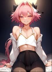 1boy 1male ai_generated astolfo_(fate) bangs big_penis black_legwear braid braided_hair braided_ponytail crop_top crossdressing erect_penis erection erection_under_clothes fate_(series) femboy looking_at_viewer male male_only pantyhose penis pink_eyes pink_hair see-through see-through_clothing smile solo tagme testicles trap viviai without_panties