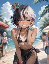 ai_generated asexual beach crown e-sekai flat_chest gyaru heterochromia idol-en idol_corp multicolored_hair rin_penrose swimsuit tan_skin virtual_youtuber vtuber