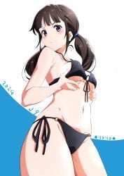 bare_arms bare_belly bare_legs bare_shoulders bare_thighs belly_button bikini black_bikini black_hair blush breasts closed_mouth collarbone holding_own_breast inoue_takina lycoris_recoil medium_hair pout purple_eyes side-tie_bikini_bottom sideboob thighs tsuji643163271 twintails underboob