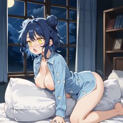 ai_generated bed big_pillow blue_frog blue_hair double_bun hair_buns medium_breasts motion_lines night open_mouth open_pajamas pajamas pillow_humping pussy_juice_drip yellow_eyes