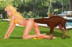 bestiality bikini blonde_hair cringer990 cunnilingus_from_canine doggy_style dominant_feral feverdreams from_behind interspecies_sex outdoors_sex ready_to_fuck willing_female zoophilia