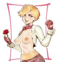 1girls bowtie exposed_breasts female king_of_fighters no_bra open_clothes open_shirt rose rose_(flower) sineprin tits