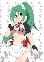 apron bare_arms bare_belly bare_legs bare_thighs belly_button big_breasts blush body_blush breasts cleavage eyepatch_bikini green_eyes green_hair higurashi_no_naku_koro_ni hip_bones long_hair maid_bikini maid_headdress necktie open_mouth ponytail shiny_skin sideboob smile sonozaki_mion thighs tsujimura_ayumu underboob wrist_cuffs