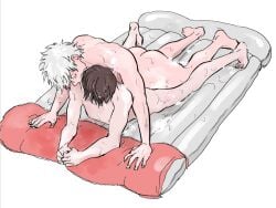 2boys anal anal_sex brown_hair completely_nude from_behind full_body gay gintakaonna001 gintama gintoki_sakata implied_anal inflatable_raft kissing light-skinned_female light-skinned_male male male_only no_visible_genitalia nude on_stomach pale-skinned_male pale_skin prone_bone soap soap_bubbles soapland suds takasugi_shinsuke wet_body wet_skin white_hair yaoi