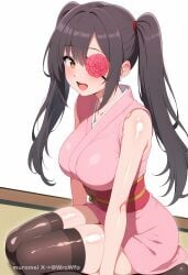 ai_generated black_hair black_thighhighs brown_eyes eye_patch female female_only gintama japanese_clothes kimono long_hair looking_at_viewer obi official_alternate_costume official_alternate_hairstyle shiny_skin short_kimono sitting sleeveless smile solo thick_thighs thighhighs twintails yagyuu_kyuubei zettai_ryouiki