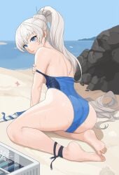 100wang 1girls 2024 ass ass_focus ass_visible_through_clothes beach blue_eyes ear_piercing female female_only kneeling light-skinned_female light_skin long_hair looking_at_viewer rwby sand scar sea seashell solo starfish swimsuit undressing weiss_schnee wet wet_skin white_hair