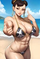 abs ai_generated animal_print bangs bare_shoulders beach bikini blue_sky breasts brown_eyes brown_hair chun-li clavicle cleavage clothing cloud cow_print day double_bun earrings female female_only hair_bun hair_ornament hair_ribbon index_finger_raised jewelry large_breasts lips looking_at_viewer mature_female milf muscle muscular_female navel ocean outdoors pointing print_bikini print_swimsuit ribbon sand short_hair sky smile solo standing street_fighter swimsuit thick_thighs thighs thumbs_up tied_hair toned water