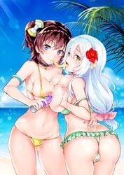 2girls ass big_ass big_breasts bikini blue_eyes blush breast_hold breast_press breast_squeeze breasts breasts_out brown_hair cameltoe condom cum cum_drip cum_in_condom cum_in_mouth cum_on_breasts cumdrip dildo drinking_from_condom huge_breasts large_breasts long_hair maumen multiple_girls nipples pussy_juice pussy_juice_drip pussy_juice_stain pussy_juice_string short_hair swimsuit swimsuits symmetrical_docking tagme thick_thighs thighs thong white_hair yellow_eyes yuri