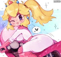 1girls ass blonde_hair bodysuit crown earrings female female_focus female_only gloves human human_only kawooshy mario_(series) mario_kart motorcycle nintendo one_eye_closed ponytail princess_peach solo super_mario_bros. tagme