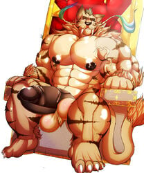 5_toes abs anthro arm_hair baconking balls belly biceps big_penis black_eyes black_nose bottomless brown_hair bulge chair clenched_teeth clothed clothing erection fangs feline fur hair huge_cock humanoid_penis hyper hyper_muscles leg_hair male male_only mammal manly mature_male muscular muscular_male nipples nude partially_retracted_foreskin pecs penis relaxing saber-toothed_cat sitting solo stripes tan_fur teeth thick_penis throne tiger toes topless uncut vein veiny_penis whiskers