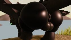 3d_(artwork) anus ass backsack balls big_balls big_butt black_body black_skin butt_focus digital_media_(artwork) dragon dreamworks elemental_creature european_mythology feral flora_fauna fury_(httyd) genitals green_eyes hi_res how_to_train_your_dragon looking_at_viewer looking_back looking_back_at_viewer male male_only membrane_(anatomy) mythological_creature mythological_scalie mythology night_fury plant presenting presenting_hindquarters puffy_anus roblox scalie solo solo_male standing tail toothless water watermark western_dragon willie_piv wings