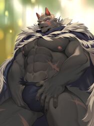 abs absurd_res anthro black_nose blaidd_(elden_ring) bulge canid canine canis cape clothed clothing elden_ring facial_scar fromsoftware fur hi_res male mammal moodraw muscular muscular_anthro muscular_male nipples pecs scar solo underwear wolf