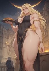 ai_generated black_dress blonde_hair elden_ring food fromsoftware jewelry long_hair low-angle_view musashimango night queen_marika_the_eternal soldier taller_female tarnished thick_thighs voluptuous