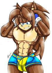 2015 abs akatsukishiranui-fox anthro balls biceps big_balls big_bulge big_muscles big_penis blue_eyes brown_fur bulge clothing fur hedgehog jayms_the_hedgehog looking_down male male_only mammal manly muscular muscular_male nipples pecs penis penis_outline quads simple_background smile solo underwear white_background