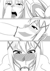 1boy 1girls :>= bare_shoulders black_and_white blush censored cum cum_in_mouth cum_inside cum_out_nose darkness_(konosuba) duo erection eyelashes fellatio female front_view grab grabbing half-closed_eyes heart human japanese_text kono_subarashii_sekai_ni_shukufuku_wo! long_hair looking_down male manga open_mouth oral oral_sex panels simple_background straight teamtgs translation_request white_background