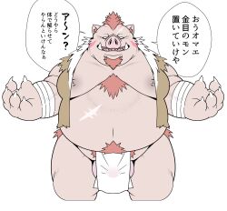 2024 anthro asian_clothing balls belly big_belly clothing east_asian_clothing fundoshi genitals hi_res japanese_clothing japanese_text kemono male male_only mammal moobs nipples overweight overweight_male scar sigenoya solo suid suina sus_(pig) takotyutyu text underwear white_clothing white_fundoshi white_underwear wild_boar