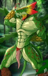 abs anthro bandai_namco clothing clothing_aside digimon digimon_(species) elemental_creature elemental_humanoid flexing flexing_bicep flora_fauna forest genitals hi_res humanoid iudicium86 jungle male male_only muscular pecs penis plant plant_humanoid scalie solo tapering_penis thong thong_aside toropiamon tree underwear underwear_aside