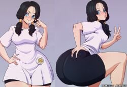 ass ass_focus avalewds black_hair black_shorts breasts dragon_ball dragon_ball_z female female_pervert hair_ornament large_breasts long_hair medium_hair pervert sex_invitation sexually_suggestive shorts smile solo v videl