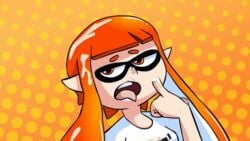 1girls animated anthro cephalopod cephalopod_humanoid clothed clothing cum cum_on_face female female_only footwear gif half-closed_eyes humanoid inkling inkling_girl kaori_(splatoon) mask_(marking) nintendo open_mouth pointy_ears shirt shoes solo solo_focus splatoon squid sr_pelo sr_pelo_(artist) standing tentacle tentacle_hair tongue tongue_out video_games yellow_eyes