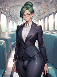 ai_generated annoyed annoyed_expression big_ass big_butt big_thighs bottom_heavy bottom_heavy_femboy bus business_suit curvy curvy_figure femboy glasses green_eyes green_hair hair_bun hourglass_figure huge_ass huge_butt huge_thighs looking_at_viewer penis_bulge rcally trap wide_hips