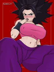 1girls alien_humanoid aroused artist_signature big_breasts biting_finger black_eyes black_hair blush bracers breasts caulifla cleavage clothing dragon_ball dragon_ball_super female fit_female horny horny_female long_hair looking_at_viewer navel nipple_bulge ryukman saiyan seductive solo solo_female solo_focus spiky_hair tubetop