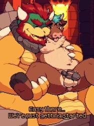 anal anal_sex animated balls bionic_arm blue_hair bovine bowser bull caged_penis castle chastity_cage cum cum_inside english_subtitles gay longer_than_30_seconds mabit male male_only male_penetrated mario_(series) moaning mp4 non-human non-human_only original_character penis pixel_art precum red_hair size_difference sound tagme video yaoi