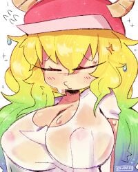 breasts_bigger_than_head dragon_maid eyes_closed female hat horns huge_breasts kawooshy large_nipples miss_kobayashi&#039;s_dragon_maid multicolored_hair quetzalcoatl_(dragon_maid) sweaty tagme wet_clothes white_shirt