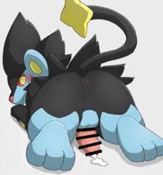 1boy all_fours anus ass big_ass black_fur blue_fur blush censor_bar censored cum feline feral fur furry grey_background lion looking_at_viewer looking_back luxray male male_only manoreo nintendo nude paws penis pokémon_(species) pokemon pokemon_(species) pokemon_dppt rear_view red_sclera tail testicles thick_thighs video_games yellow_eyes