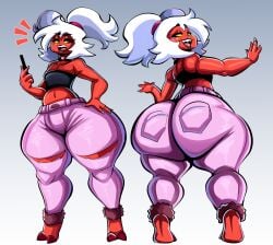 1boy 1femboy 2d 2d_(artwork) ass big_ass big_butt bottom_heavy bottom_heavy_femboy bottom_heavy_male clothed clothed_femboy clothed_male clothing crossdressing demon femboy helluva_boss imp lipstick looking_back male midriff monster monster_femboy moxxie_(helluva_boss) moxxine_(helluva_boss) no_humans non-human non-human_only red_body red_skin thick_thighs thighs twintails whateverdoes white_hair yellow_eyes yellow_sclera